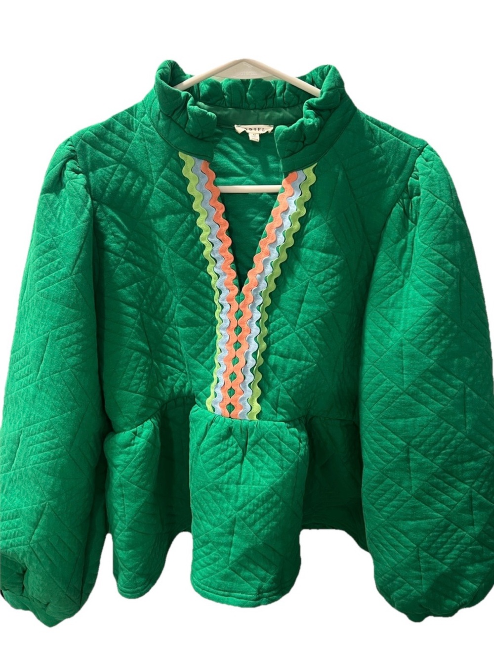 JODIFL Green Puff Sleeve Ric Rac Blouse with Mandarin Collar